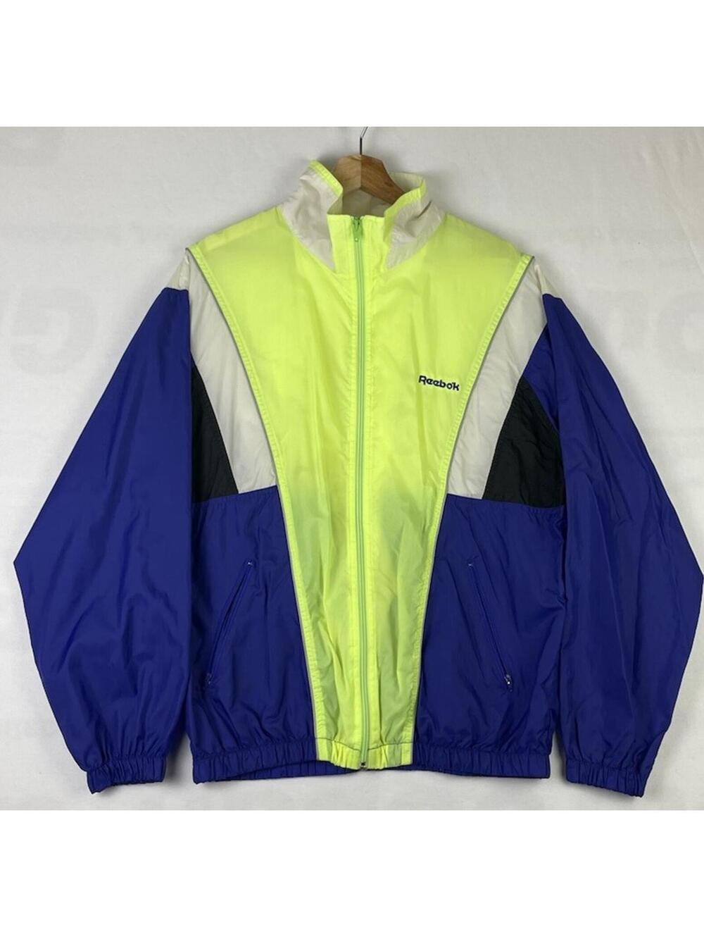 Vintage Reebok Sport Highlighter Yellow Blue Windbreaker Running Sz M